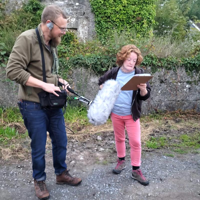 Audio producer Ed Coulson recording on location in Headford with actor Emma O_Grady