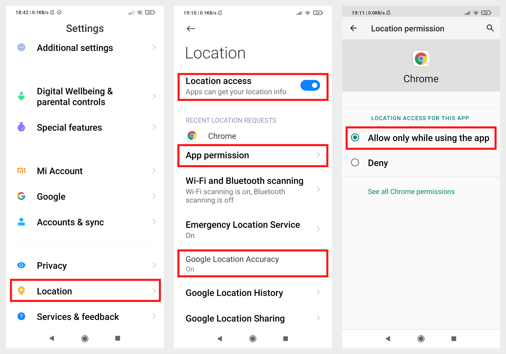 Android location settings