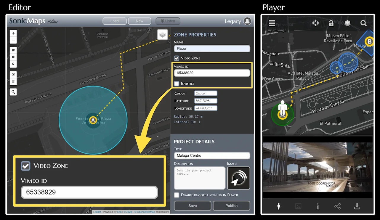 SonicMaps video zone configured with a Vimeo ID