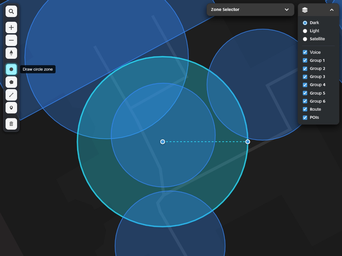 SonicMaps Editor interface showing geofence drawing tool for location-based audio tours