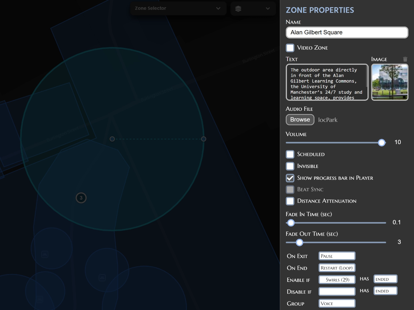 SonicMaps audio zone settings panel for configuring sound parameters and playback options