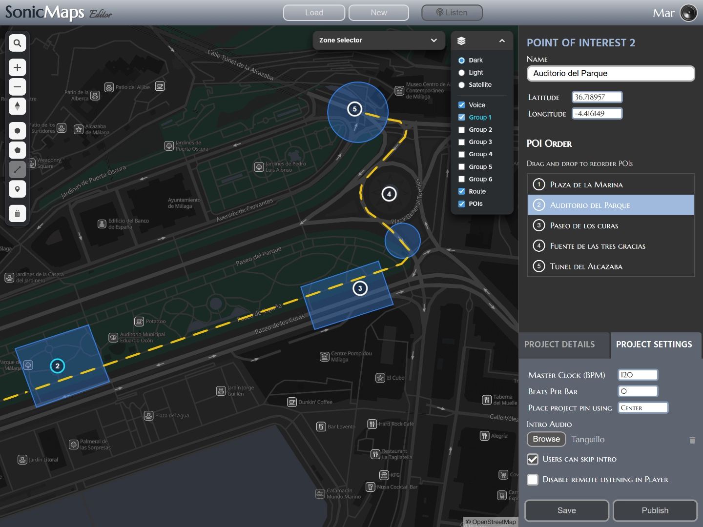 SonicMaps Editor route drawing and Points of Interest markers for guided audio tours