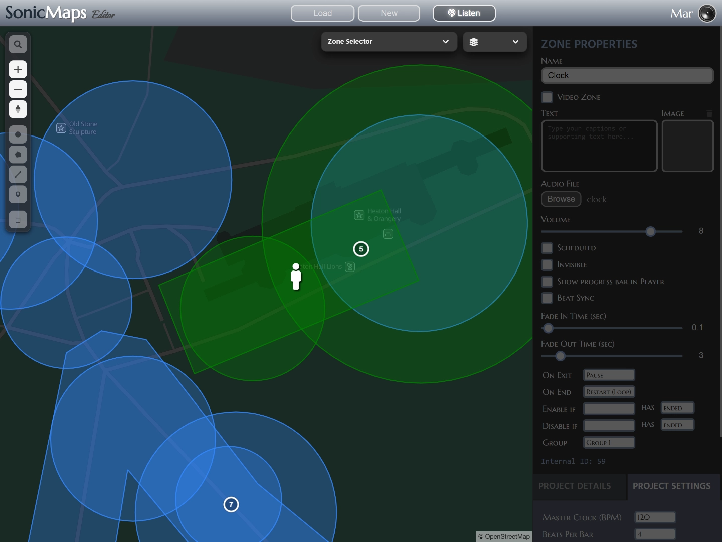 SonicMaps remote listening mode for testing location-based audio experiences