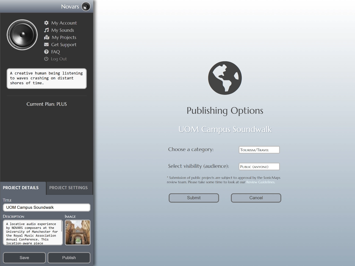 SonicMaps publishing interface for sharing location-based audio experiences